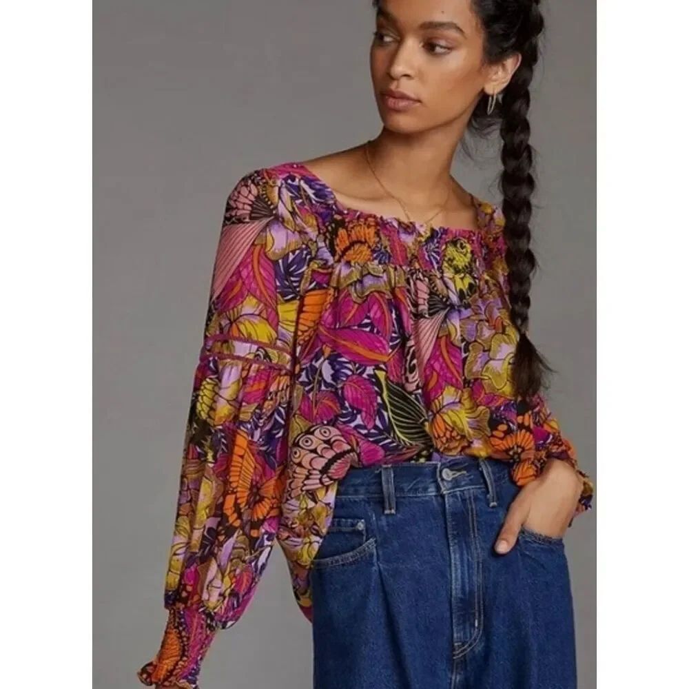 Anthropologie Alexandra Farmer Floral Butterfly Puff Sleeve Blouse size M